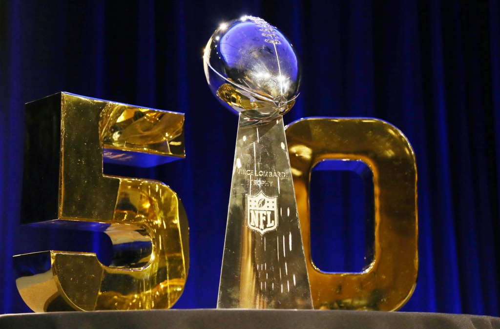Feb 5 2016 Santa Clara CA USA A general view of the Vince Lombardi Trophy with the Super Bowl 50 logo prior to a press conference at Moscone Center in advance of Super Bowl 50 between the Carolina Panthers and the Denver Broncos. Mandatory Credit Ma