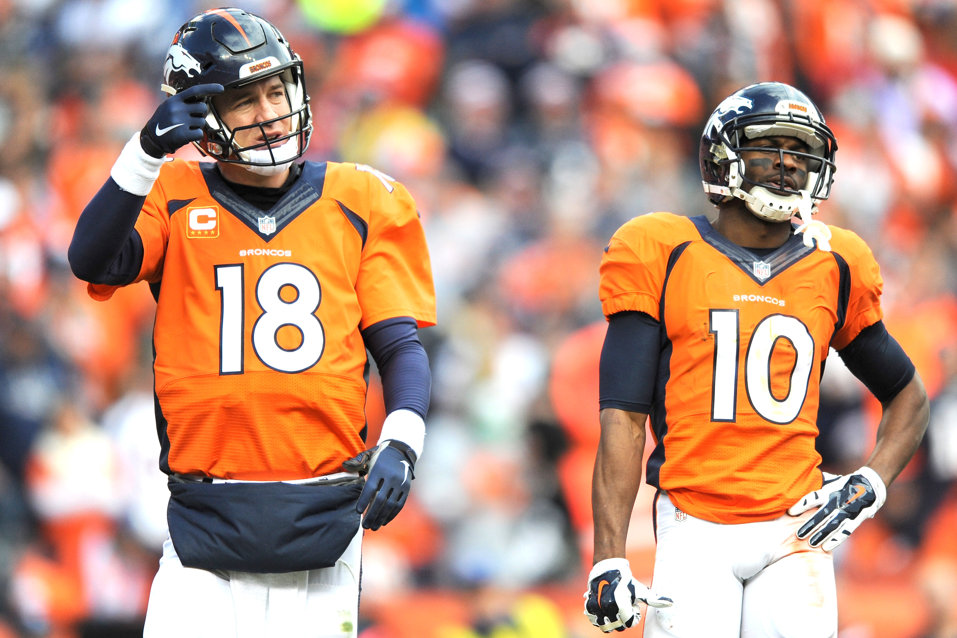 Peyton Manning with Emmanuel Sanders during the AFC title