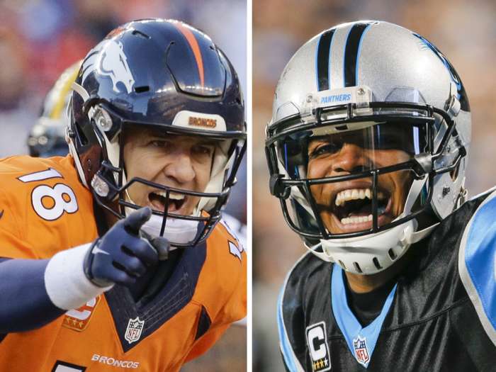 Peyton Manning left and Cam Newton are seen. AP