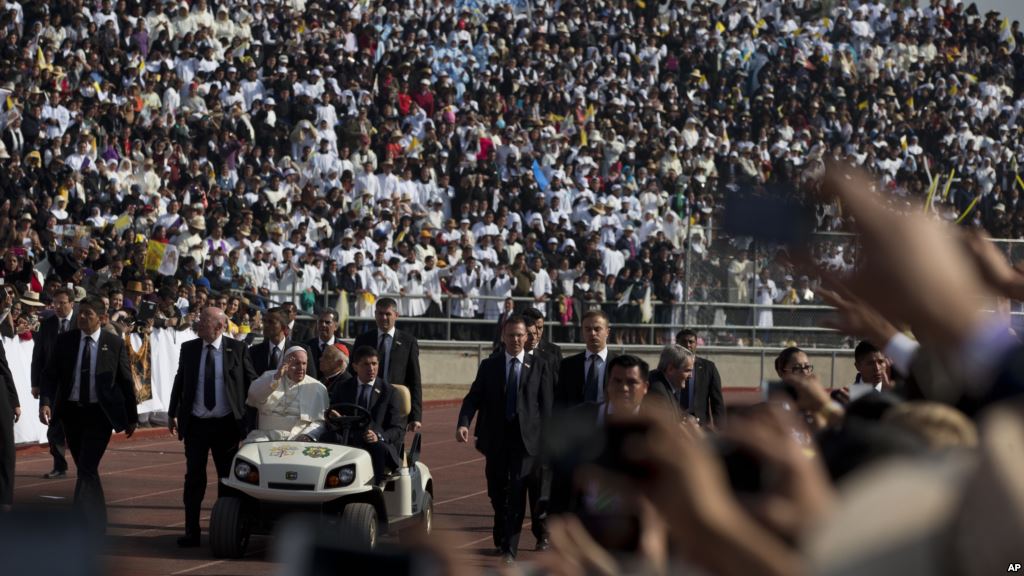 Pope Francis arrives for Mass in a golf cart at Venustiano Carranza stadium in Morelia Mexico Tuesday Feb. 16 2016