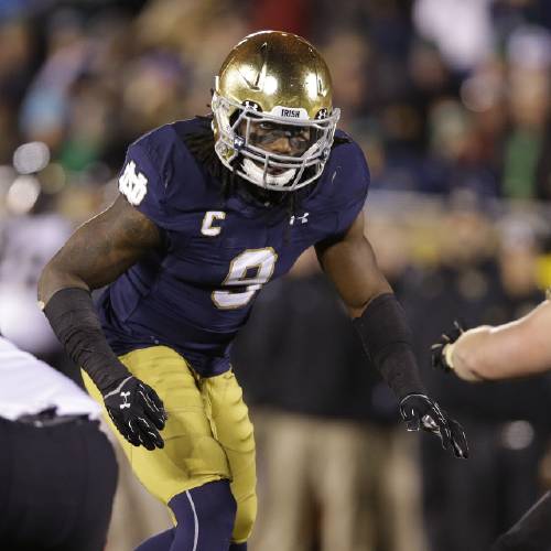 Notre Dame linebacker Jaylon Smith is shown during an NCAA college football game against Wake Forest in South Bend Ind. Football fans see the NFL’s annual scouting combine as merely a numbers game