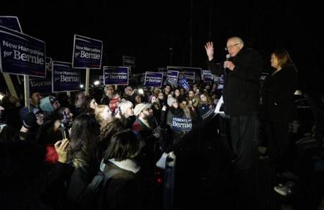 Senator Bernie Sanders addressed supporters from the bed of a pickup truck after arriving early Tuesday morning in Bow N.H. from Iowa