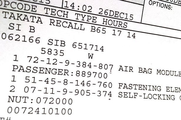 A Takata airbag recall work order