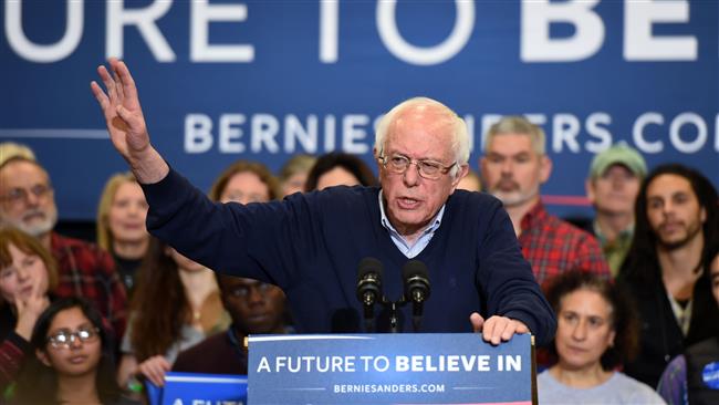 Democratic presidential candidate Bernie Sanders speaks at a rally in Great Bay Community College