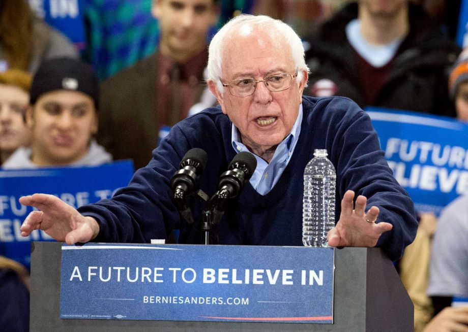 Democratic presidential candidate Sen. Bernie Sanders I-Vt. speaks during a campaign stop at the Franklin Pierce University Fieldhouse Saturday Feb. 6 2016 in Rindge N.H