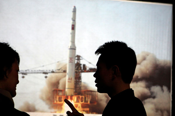 An image depicting a rocket launch is shown at Three Revolutions Exhibition Hall in Pyongyang. North Korea has announced it will attempt another rocket launch between Feb. 7 and 14