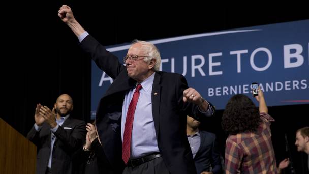 Senator Bernie Sanders acknowledges the cheering crowd after a rally in Henderson Nevada