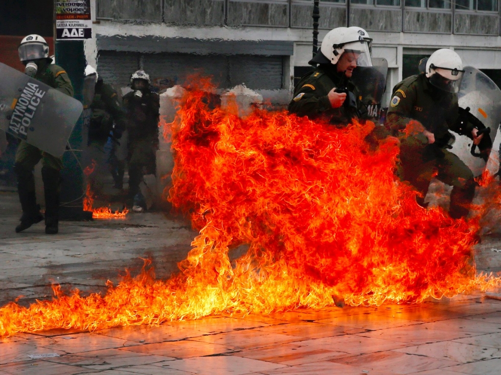 Greece Riot Police Protest Fire Bomb