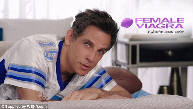 Spoof Super Bowl commercial Ben Stiller recreated a typical TV ad for Viagra with one that promoted a version of the sexual arousal drug for women