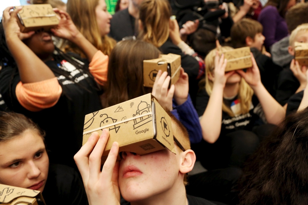 Students used Google Cardboard virtual reality viewers to “tour” Canada’s Parliament at an event in January 2015