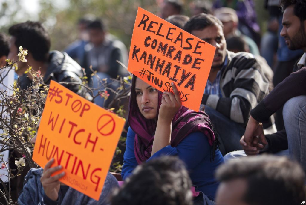 An Indian student holds a placard demanding the release of student leader Kanhaiya Kumar during a protest at the Jawaharlal Nehru University in New Delhi India Tuesday Feb. 16 2016