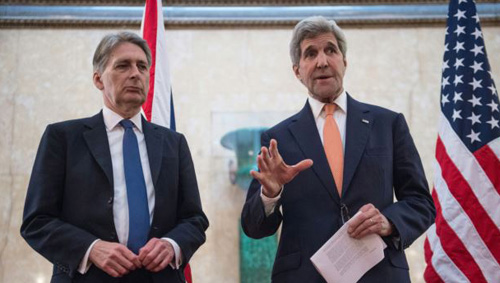 U.S. Secretary of State John Kerry and Britains Foreign Secretary Philip Hammond address the media at the donors Conference for Syria in London on Feb. 4 2016. /Reuters