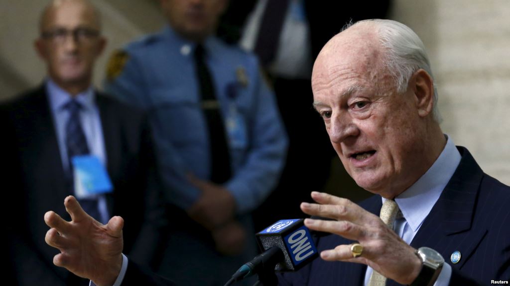 U.N. mediator for Syria Staffan de Mistura gestures during a news conference after a meeting with the Syrian High Negotiations Committee during the peace talks at the United Nations in Geneva Switzerland Feb. 1 2016