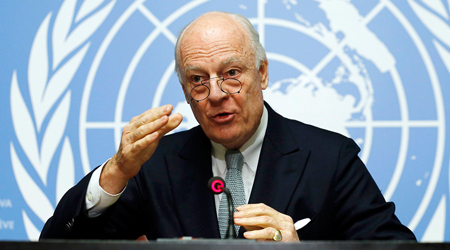 U.N. mediator for Syria Staffan de Mistura gestures during a news conference at the United Nations in Geneva Switzerland