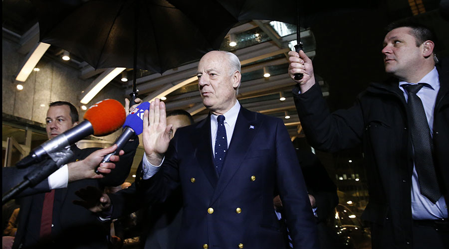 U.N. mediator for Syria Staffan de Mistura leaves after a news conference on the Syrian peace talks outside President Wilson hotel in Geneva Switzerland