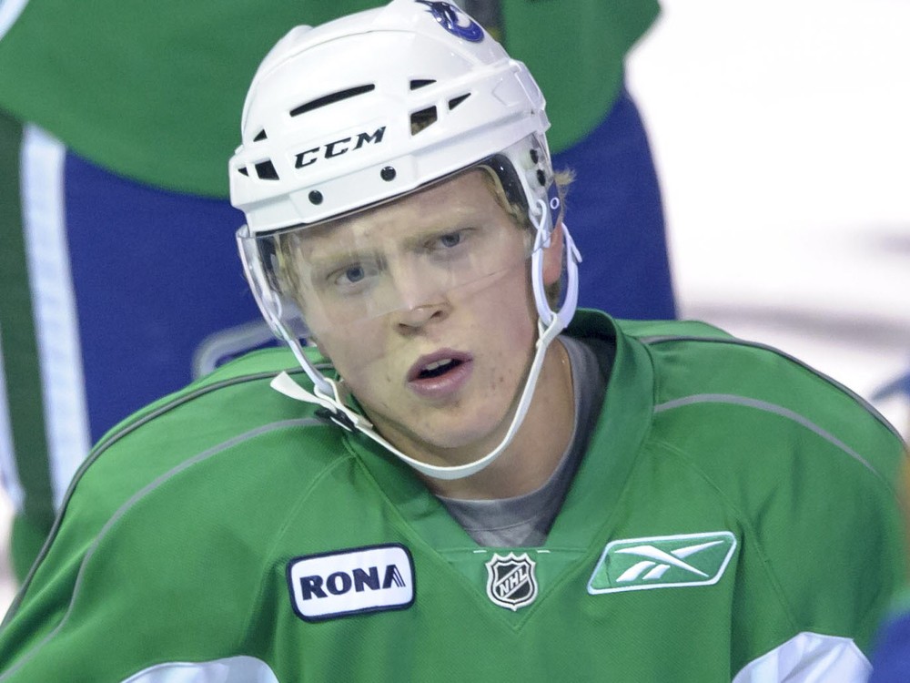 Vancouver Canuck prospect #48 Hunter Shinkaruk listens to the coaches September 6th during morning practice at the South Okanagan Event Centre in Penticton