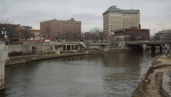 The Flint River flows through downtown in Flint Michigan Dec. 16 2015