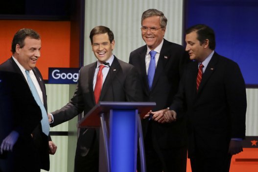 New Jersey Gov. Chris Christie Sen. Marco Rubio R-Fla. former Florida Gov. Jeb Bush and Sen. Ted Cruz R Texas talk after the Republican presidential primary debate on Thursday