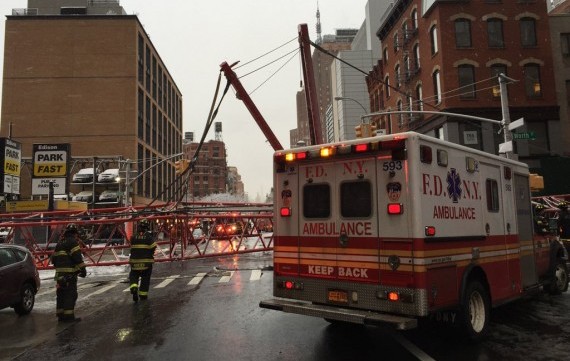 The collapsed crane on Worth Street in Tribeca