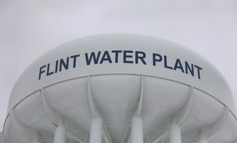 The top of a water tower at the Flint Water Plant is seen in Flint Michigan