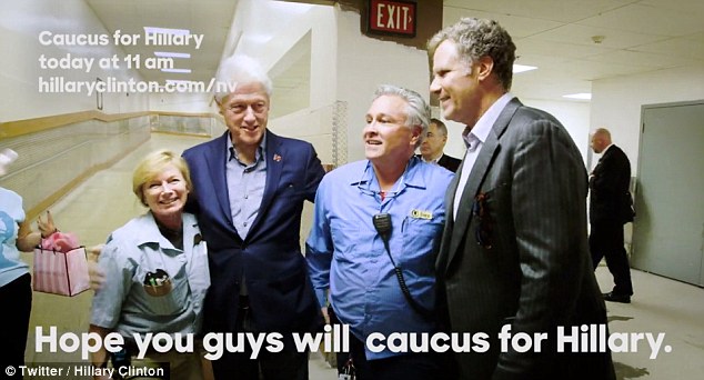 The video begins with Bill Clinton telling a group of voters and Ferrell he hopes they'll'caucus for Hillary