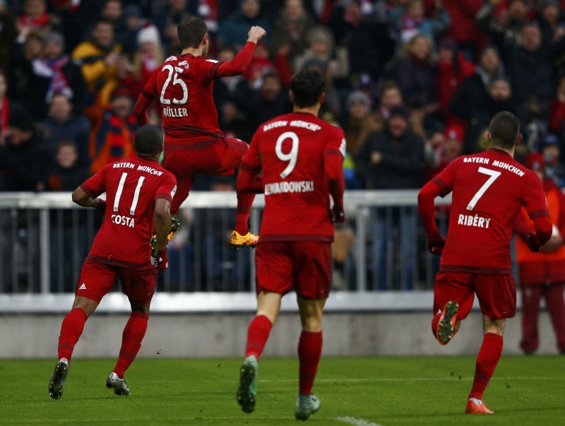 Thomas Mueller celebrates a goal for Bayern Munich