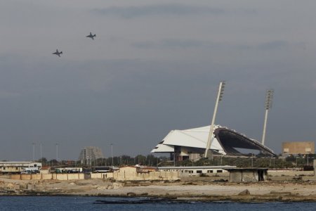 Russian warplanes fly in the sky over the Mediterranean coastal city of Latakia Syria