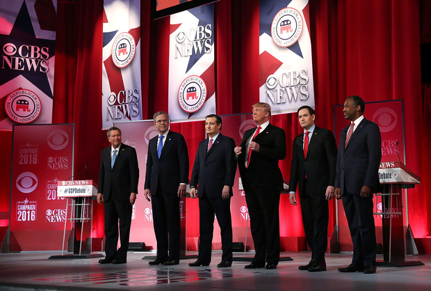 Republican presidential candidates Ohio Governor John Kasich Jeb Bush Sen. Ted Cruz, Donald Trump Sen. Marco Rubio and Ben Carson at a debate in South Carolina