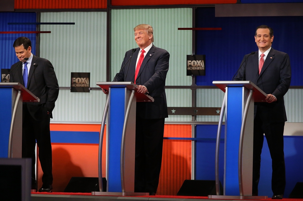 Ted Cruz Marco Rubio and Donald Trump participate in the Fox Business Network Republican presidential debate at the North Charleston Coliseum Jan. 14 2016