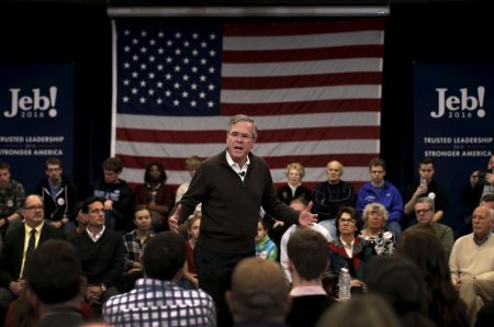 Republican presidential candidate and former Florida Governor Jeb Bush speaks to voters at a town hall meeting campaign stop at Colby Sawyer College in New London New Hampshire