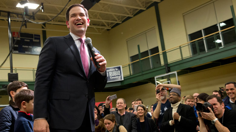 Republican presidential candidate Sen. Marco Rubio R-Fla. smiles as he speaks during the final rally before the New Hampshire primary at Nashua Community College in Nashua N.H. Monday Feb. 8 2016