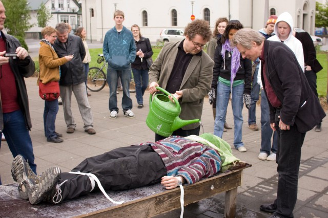 Demonstration of waterboarding at a street protest during a visit by US secretary of state Condoleeza Rice to Iceland in May 2008