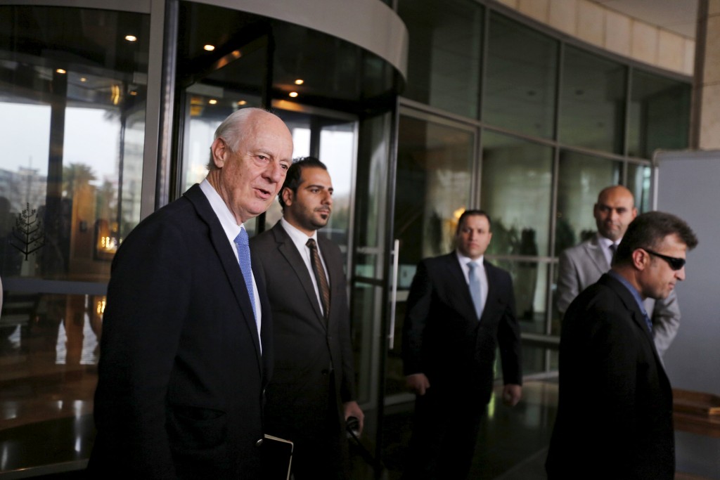 U.N. mediator for Syria Staffan de Mistura talks to the media upon his departure from Damascus Syria