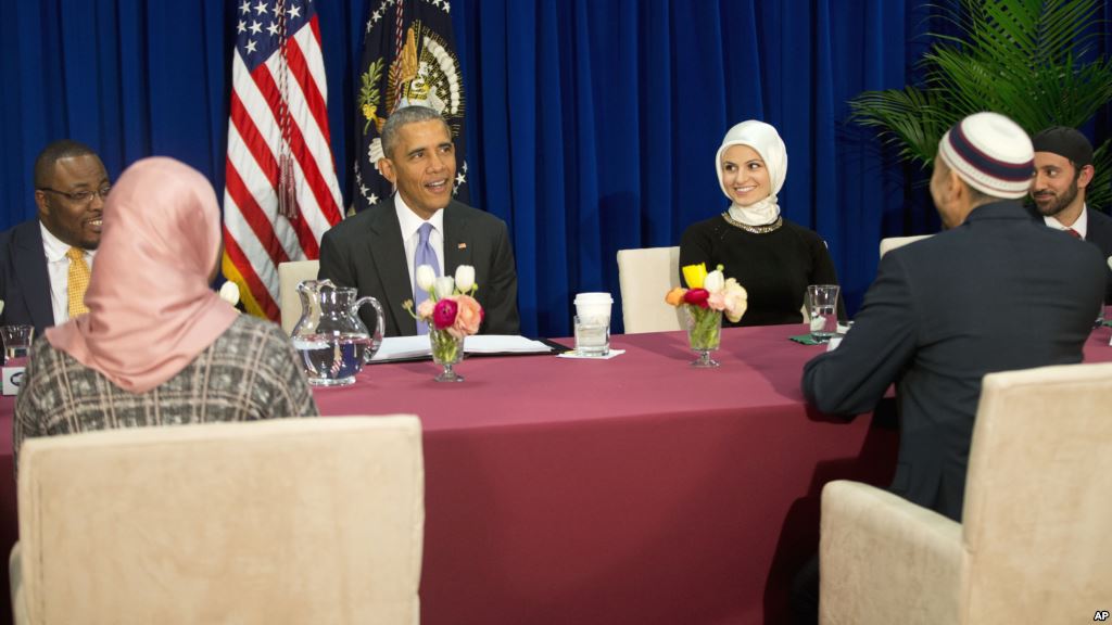 President Barack Obama meets with members of Muslim American community at the Islamic Society of Baltimore Wednesday Feb. 3 2016 in Baltimore Md. Obama is making his first visit to a U.S. mosque