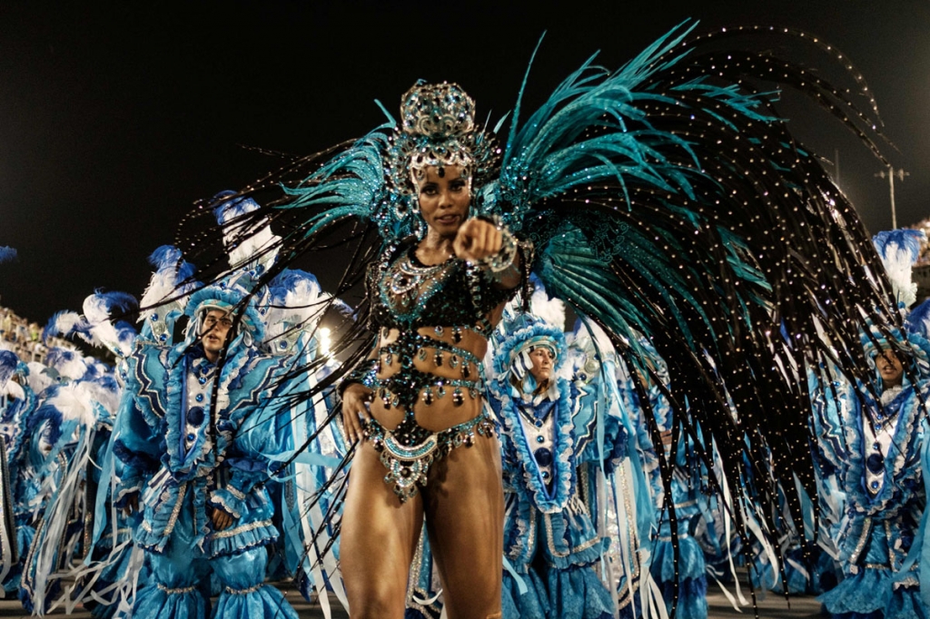 Revelers of Unidos da Tijuca samba school perform during the first night of the carnival parade at Sambadrome in Rio de Janeiro Brazil