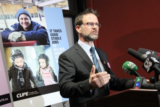 Tim Maguire president of CUPE Local 79 speaks to reporters Friday. The union pushed back their strike deadline on that day and then did so again on Saturday leaving their first possible moment to strike as 12:01 a.m. Monday