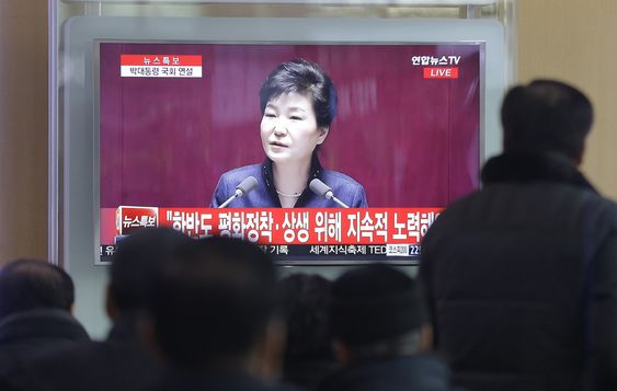 TV screen showing the live broadcast of South Korean President Park Geun-hye's speech at the Seoul Railway Station in Seoul South Korea Tuesday Feb. 16 2016. President Park warns of North Korean collapse if it doesn't abandon