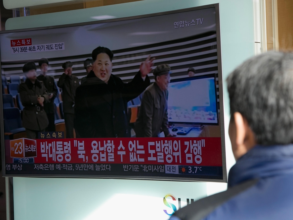 People watch a television screen showing news of North Korea's long-range rocket launch on Feb. 7 in Seoul. The new proposed U.N. resolution would ban supplying North Korea with aviation fuel including rocket fuel