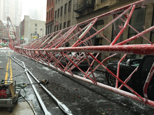 Crane collapse in Manhattan New York City on Feb. 5 2016. The FDNY tweeted on scene of crane collapse at 40 Worth St & W Bdwy in Manhattan. 1 patie