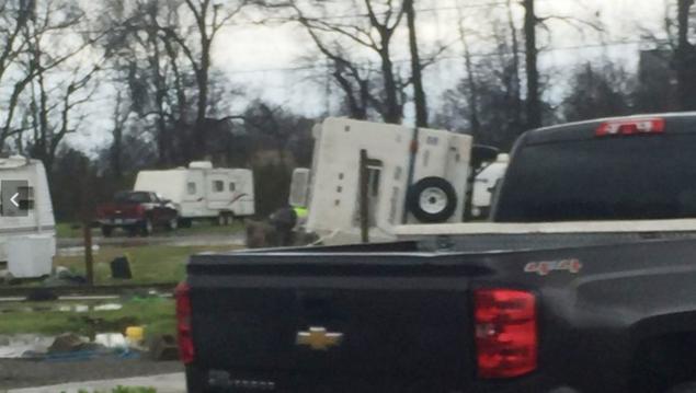 Mangled trailers are seen at the Sugar Hill RV Park in in Convent Louisiana