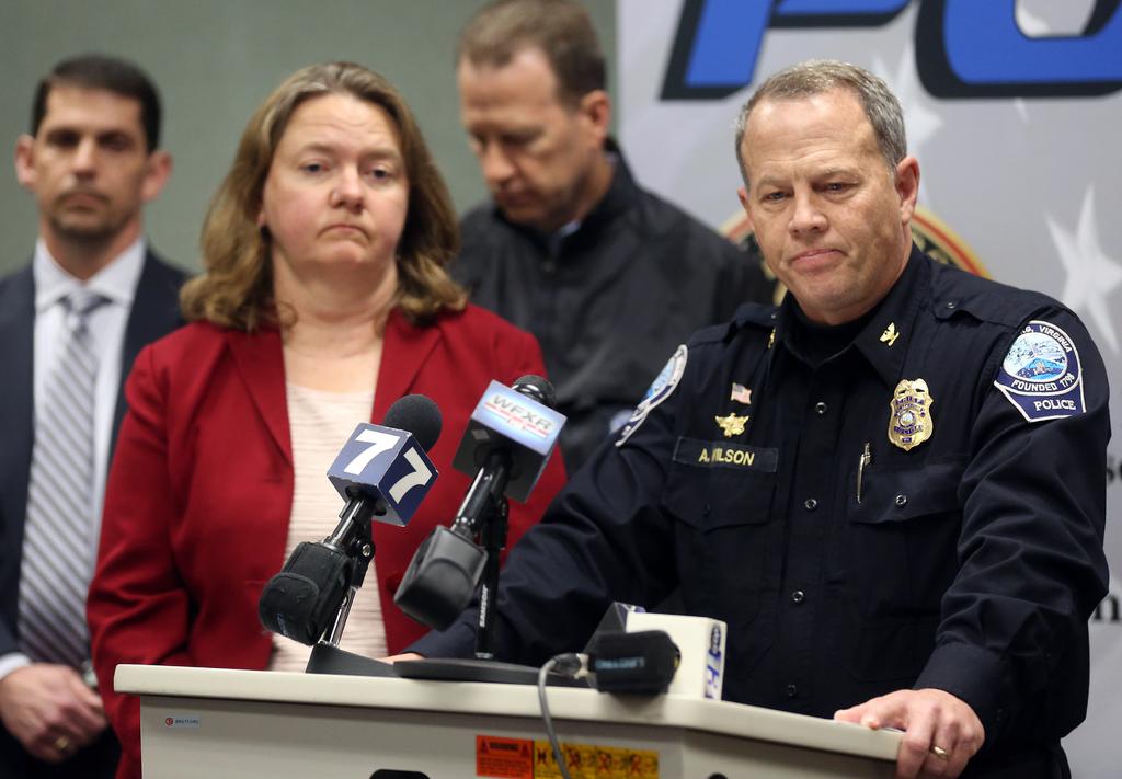 Montgomery County Commonwealth's Attorney Mary Pettitt left and Blacksburg Police Chief Anthony Wilson listen to questions during a news conference Saturday Jan. 30 2016 in Blacksburg Va. Virginia Tech student David Eisenhauer has been charged with