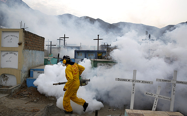 A health worker carries out fumigation as part of preventive measures against the Zika virus and other mosquito-borne diseases at the cemetery of Carabayllo on the outskirts of Lima Peru