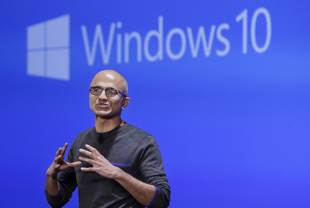 Microsoft CEO Satya Nadella speaks at an event demonstrating the new features of Windows 10 at the company's headqu