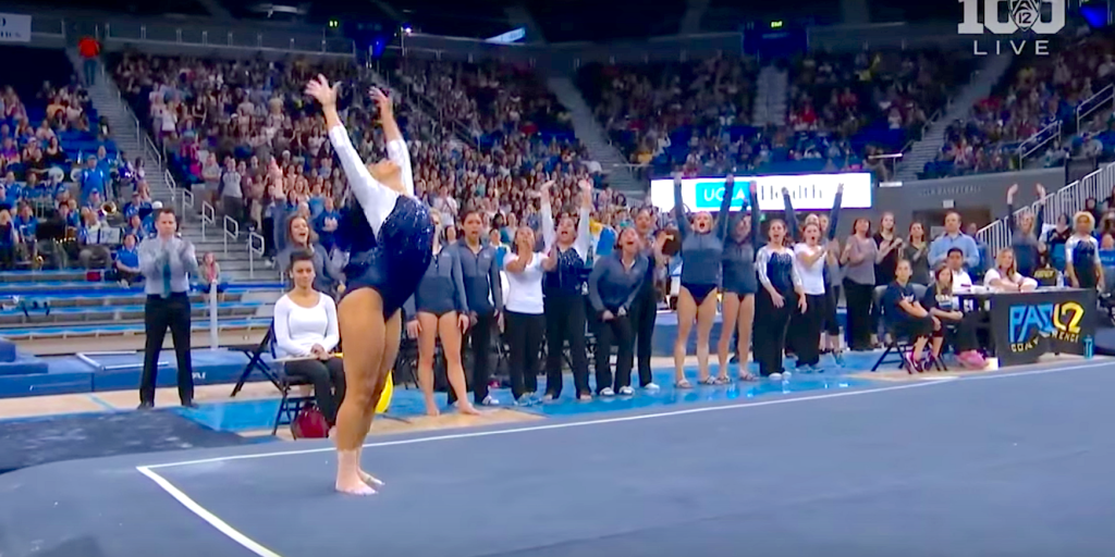 YouTubeA UCLA gymnast is going viral for her stunning floor routine that nabbed her a near-perfect score and millions of new fans