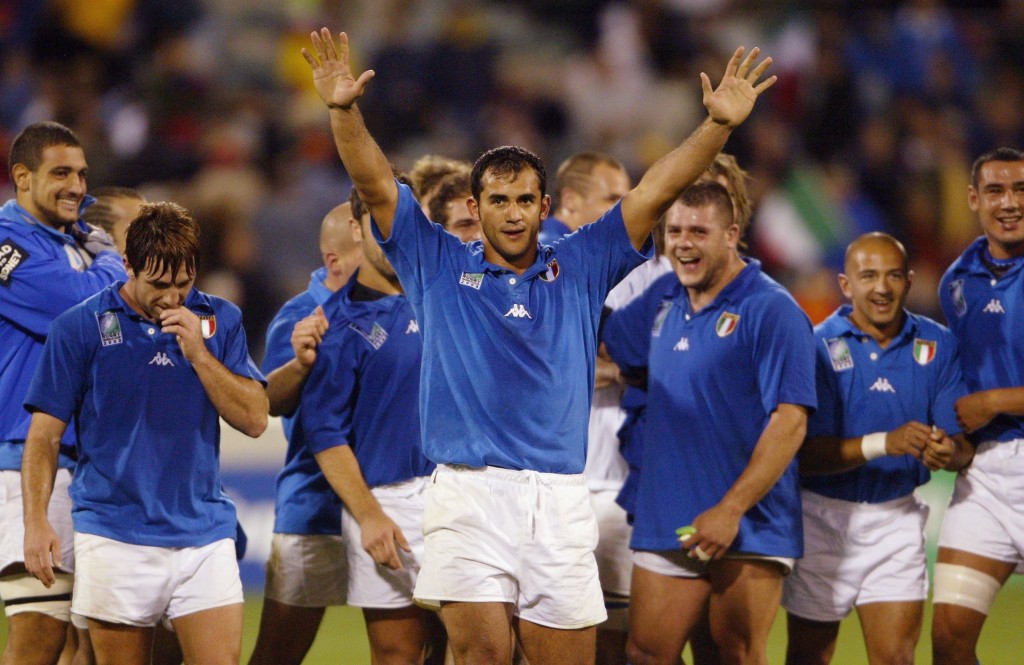 CANBERRA AUSTRALIA- OCTOBER 21 Cristian Stoica of Italy celebrates victory during the Rugby World Cup Pool D match between Italy and Canada at Canberra Stadium