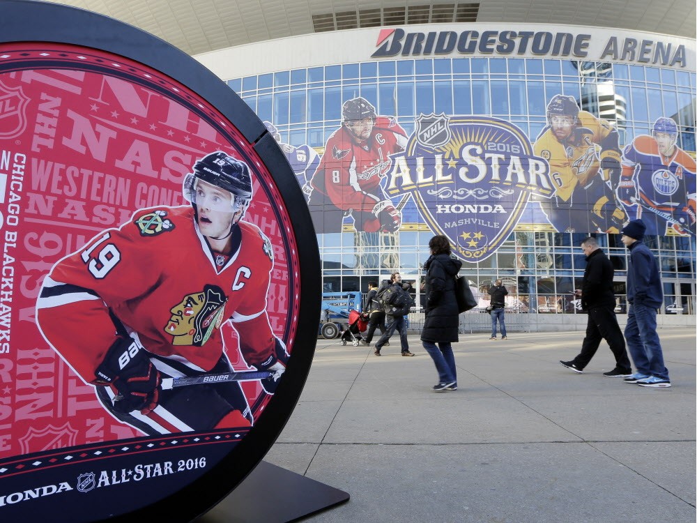 Chicago Blackhawks captain Jonathan Toews bottom left and Washington Capitals captain Alexander Ovechkin top left are featured on displays outside Bridgestone Arena home of the 2016 NHL hockey All Star game Thursday Jan. 28 2016 in Nashville Ten