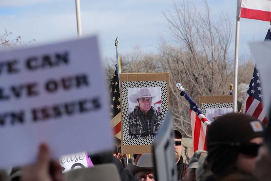 Finicum as part of the demonstrations outside the Harney County Courthouse in Burns Ore. Monday Feb. 1 2016. Hundreds gathered to protest and support the armed occupation of a national wildlife preserve