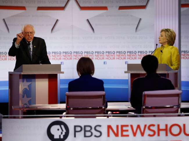 Democratic presidential candidates Bernie Sanders left and Hillary Clinton at the PBS News Hour Democratic presidential debate in Milwaukee on Thursday Feb. 11 2016