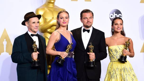 Mark Rylance Brie Larson Leonardo Di Caprio and Alicia Vikander with their Oscars