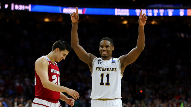 PHILADELPHIA PA- MARCH 25 Demetrius Jackson #11 of the Notre Dame Fighting Irish celebrates late in the second half against the Wisconsin Badgers during the 2016 NCAA Men's Basketball Tournament East Regional at Wells Fargo Center